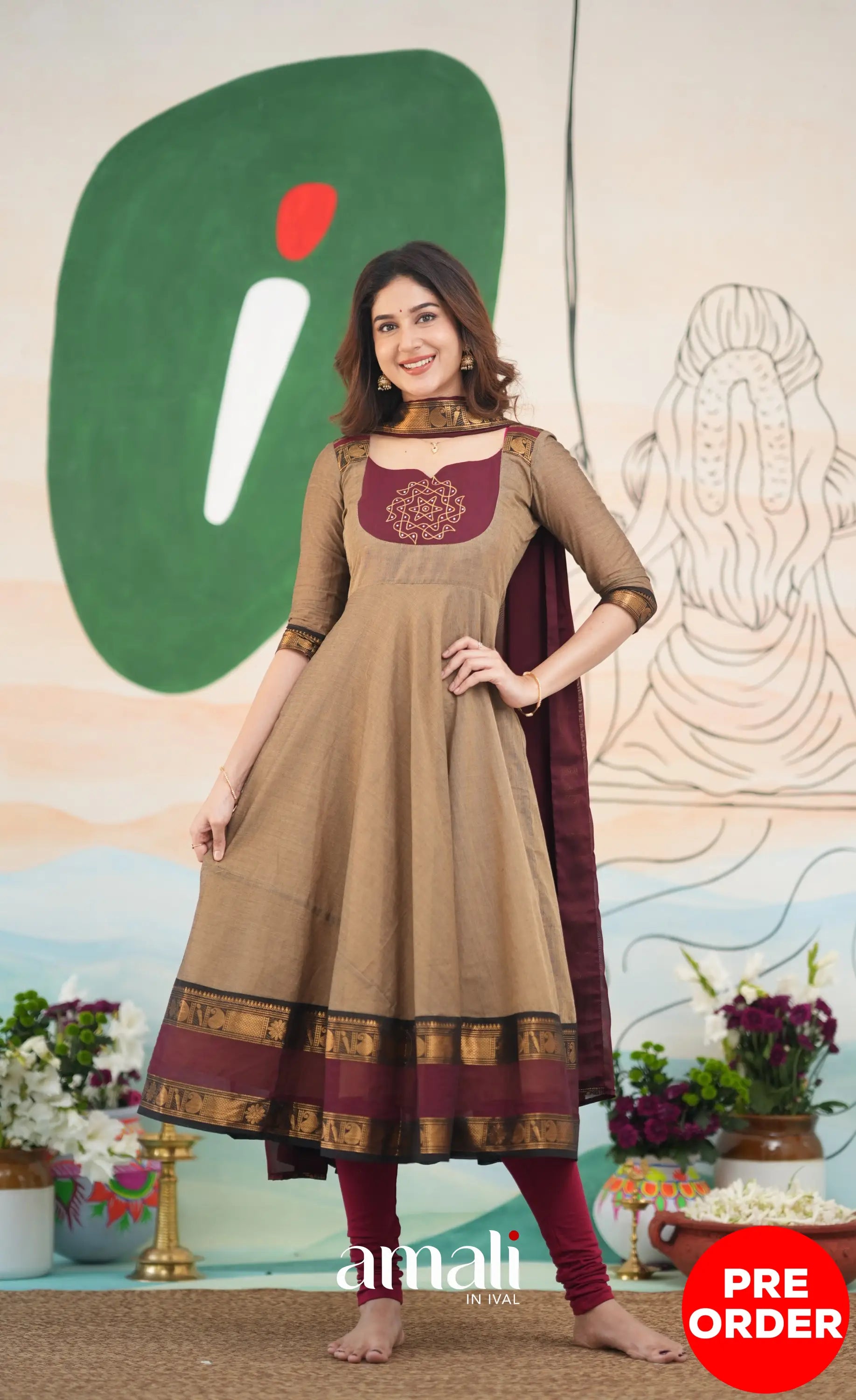 Beige and Dark Maroon Cotton Anarkali Anarkalis