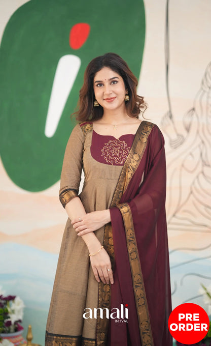 Beige and Dark Maroon Cotton Anarkali Anarkalis
