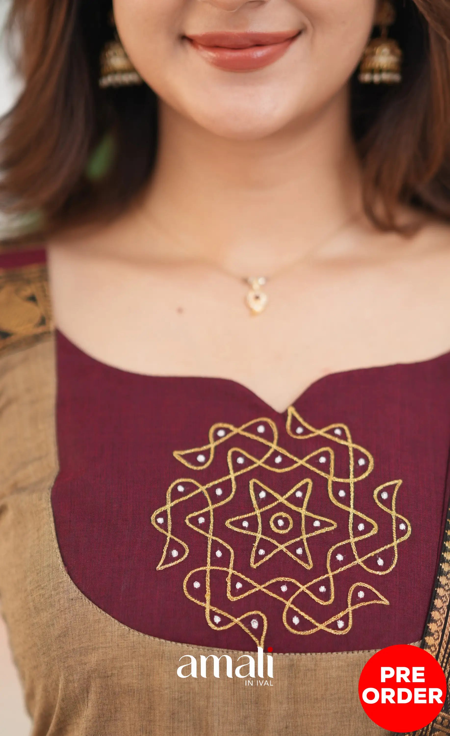 Beige and Dark Maroon Cotton Anarkali Anarkalis