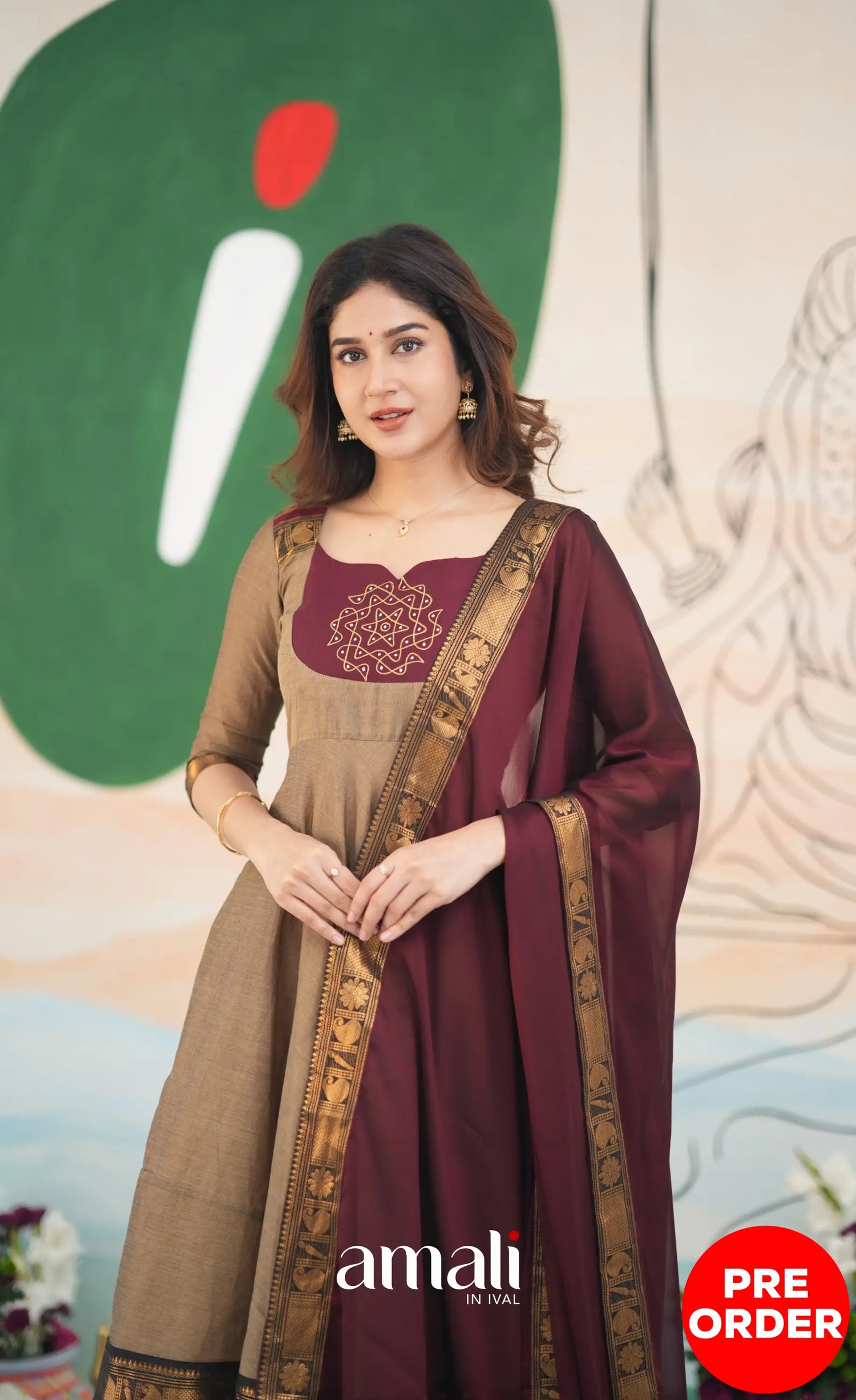 Beige and Dark Maroon Cotton Anarkali Anarkalis
