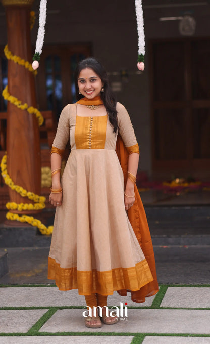 Beige and Mustard yellow Chettinad Cotton Anarkali - Anarkalis