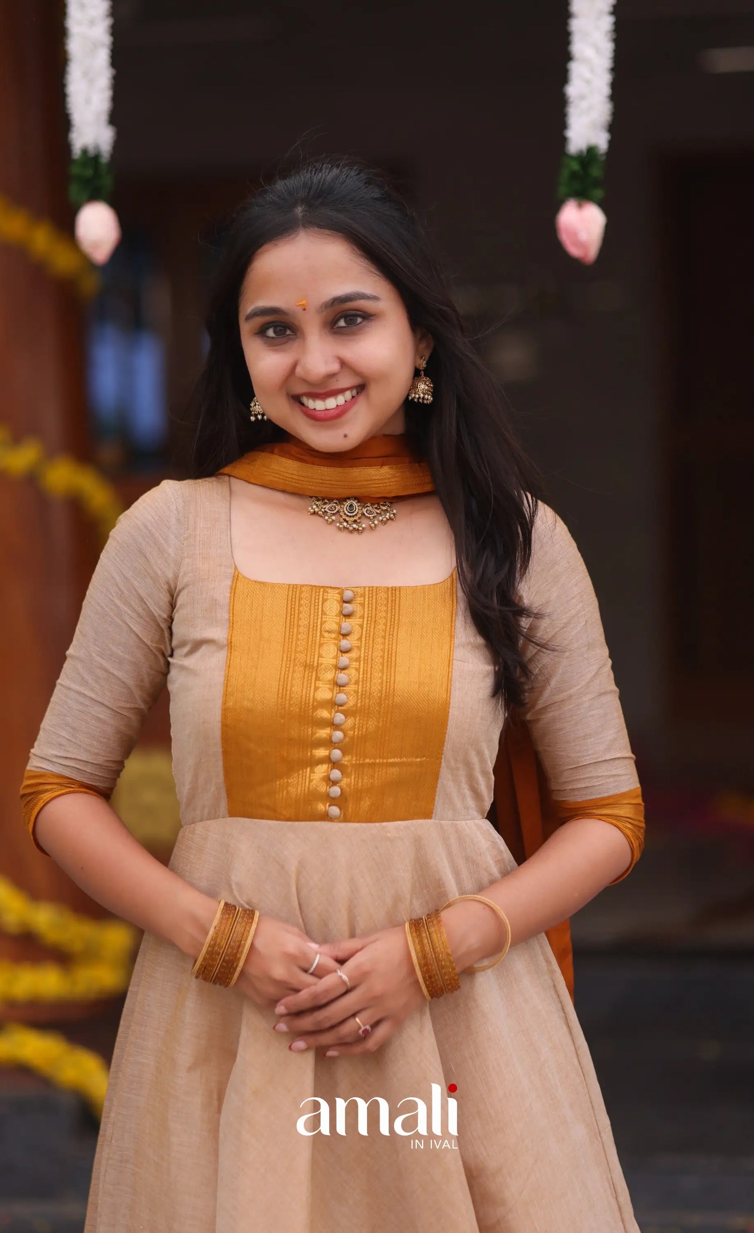 Beige and Mustard yellow Chettinad Cotton Anarkali - Anarkalis