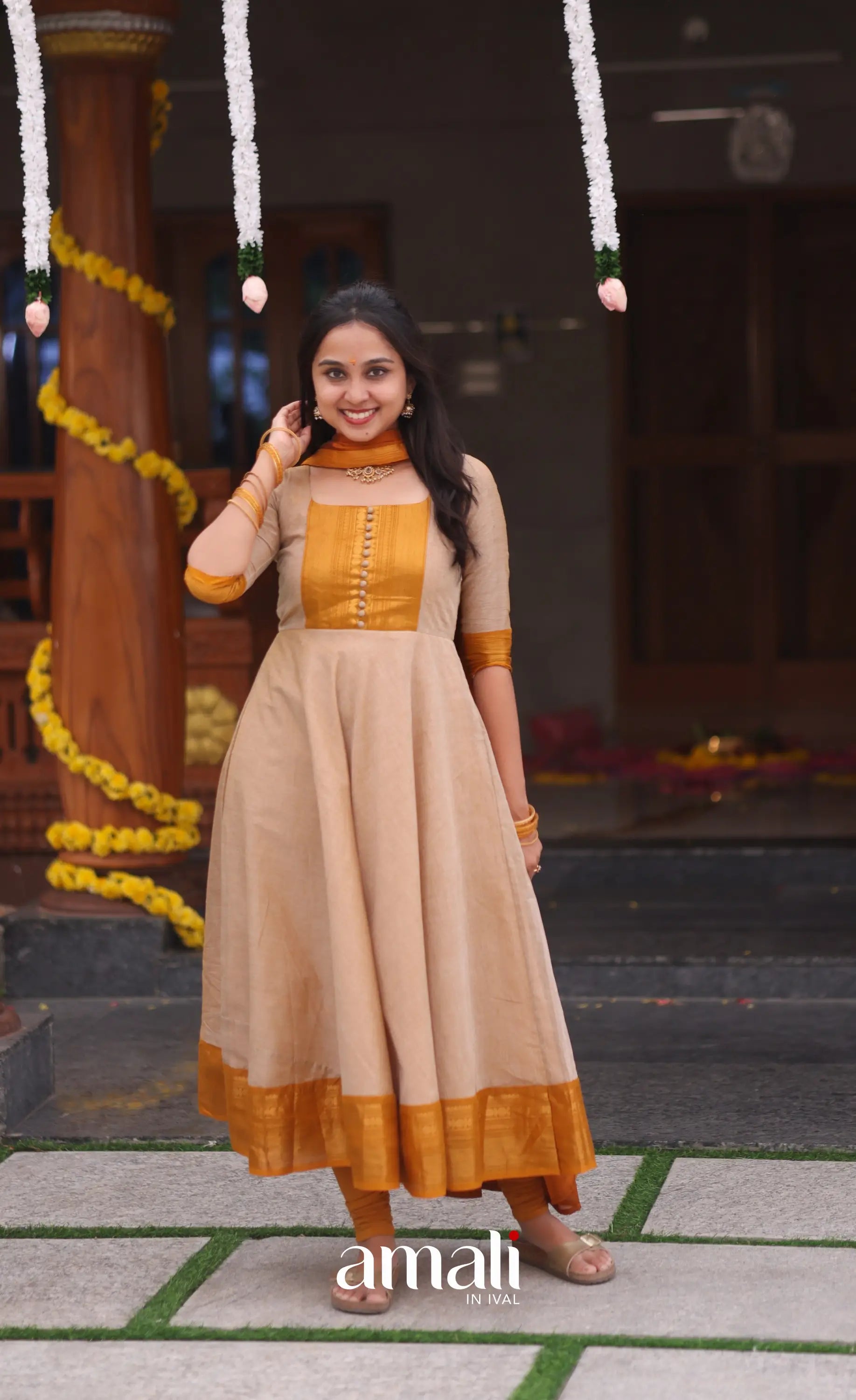 Beige and Mustard yellow Chettinad Cotton Anarkali - Anarkalis