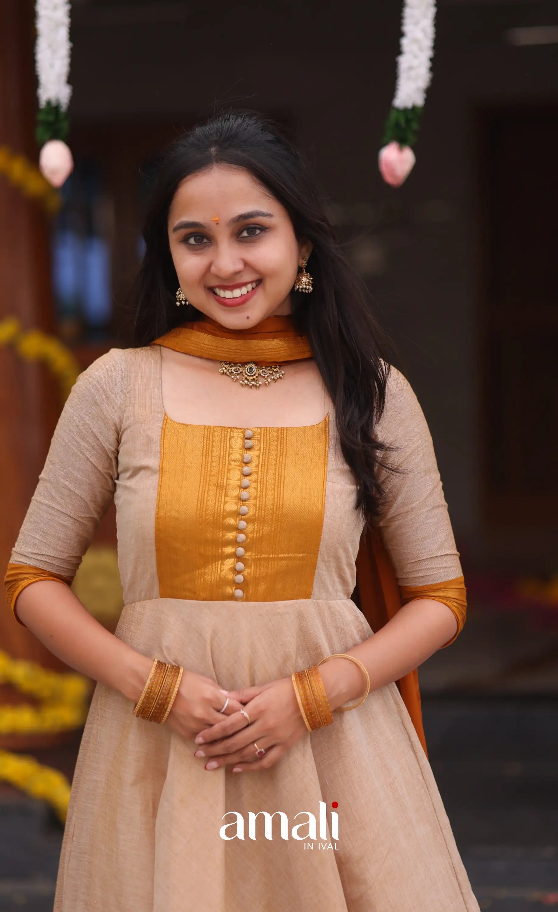 Beige and Mustard yellow Chettinad Cotton Anarkali - Anarkalis