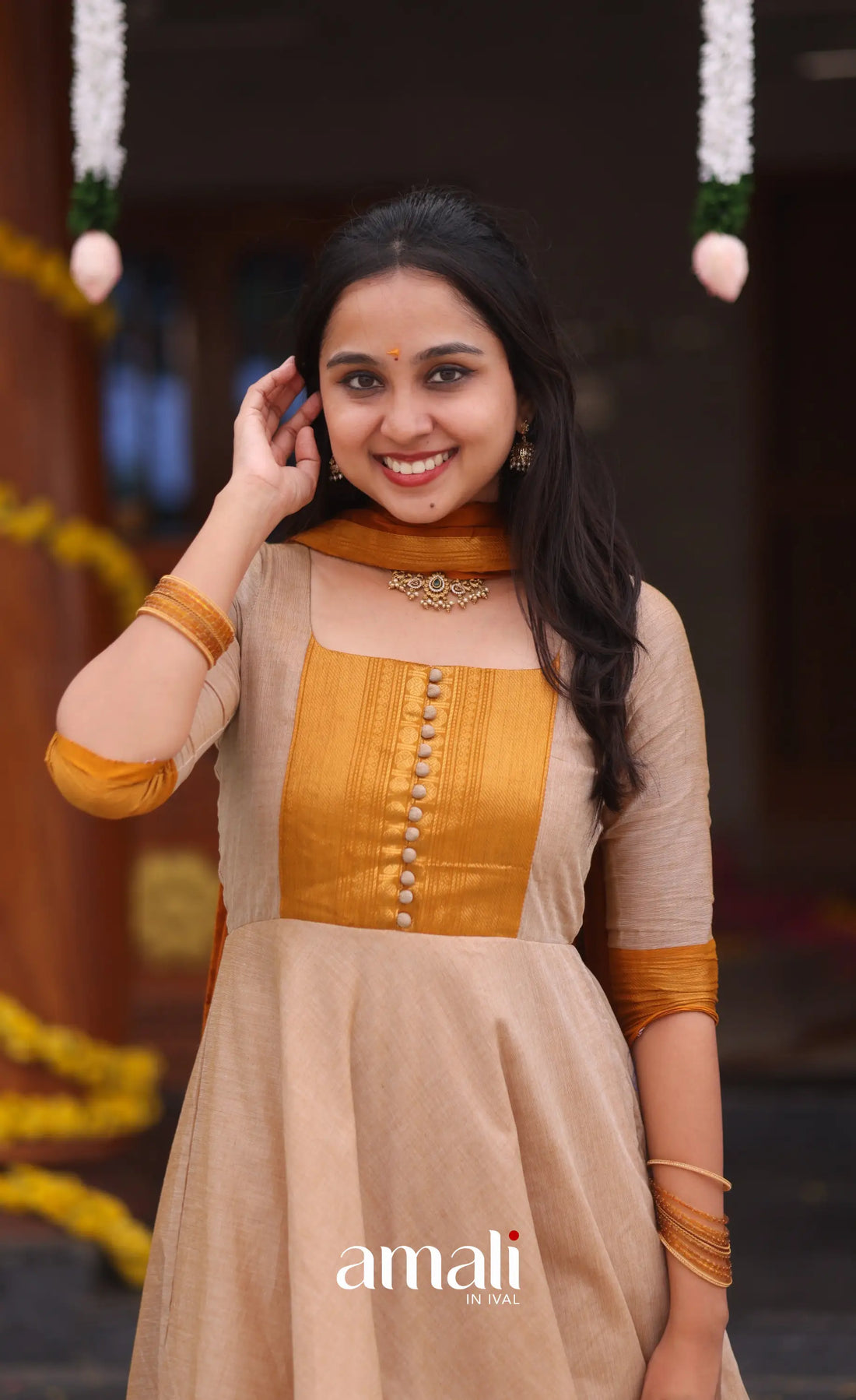 Beige and Mustard yellow Chettinad Cotton Anarkali - Anarkalis