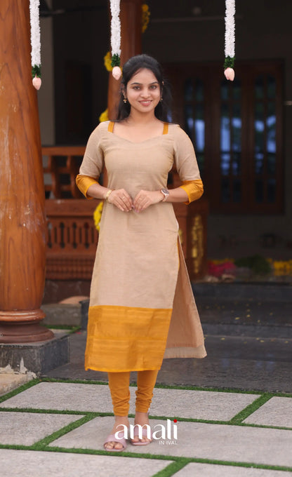 Beige and Mustard yellow Chettinad Cotton Salwar Set - salwar