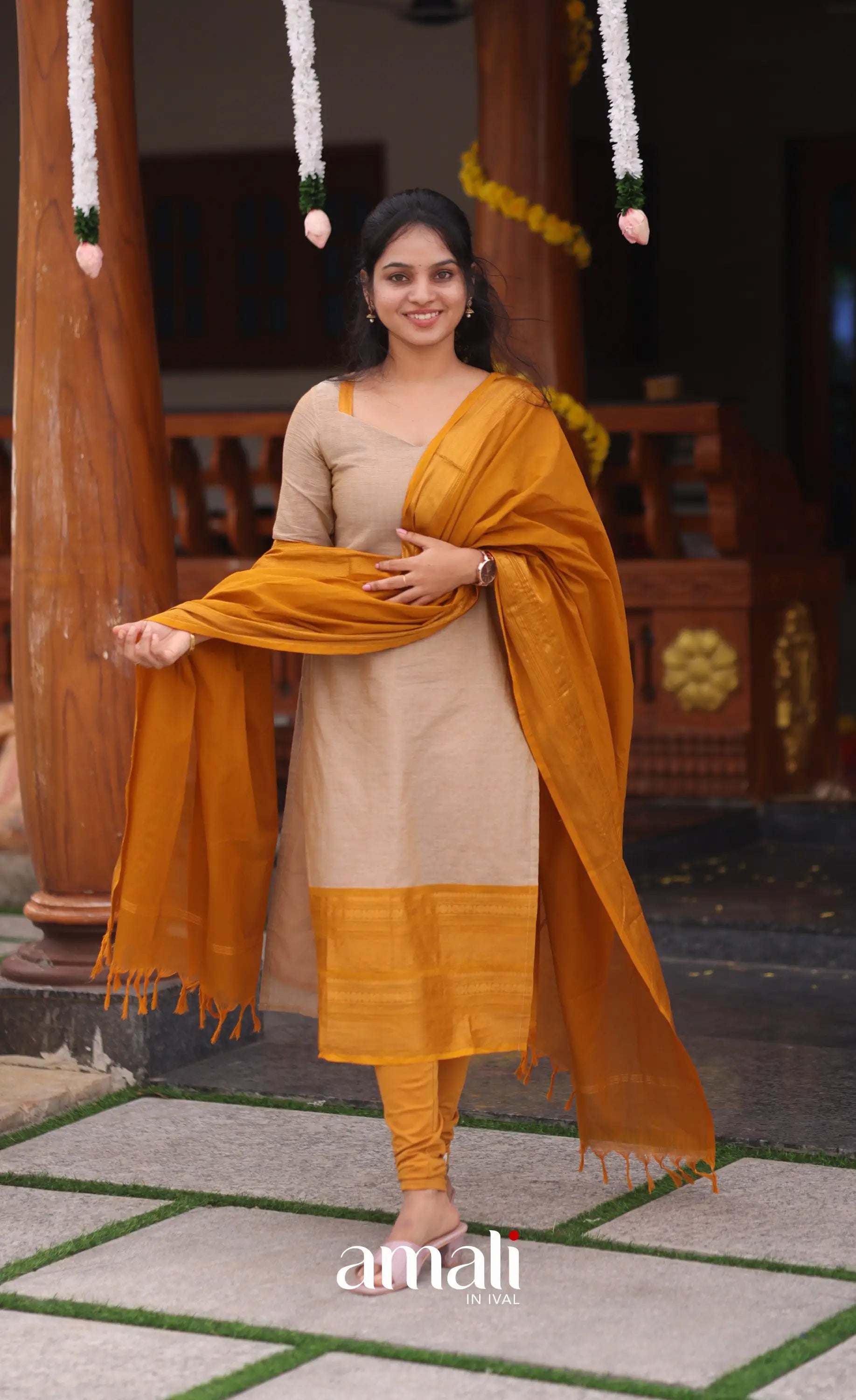 Beige and Mustard yellow Chettinad Cotton Salwar Set - salwar