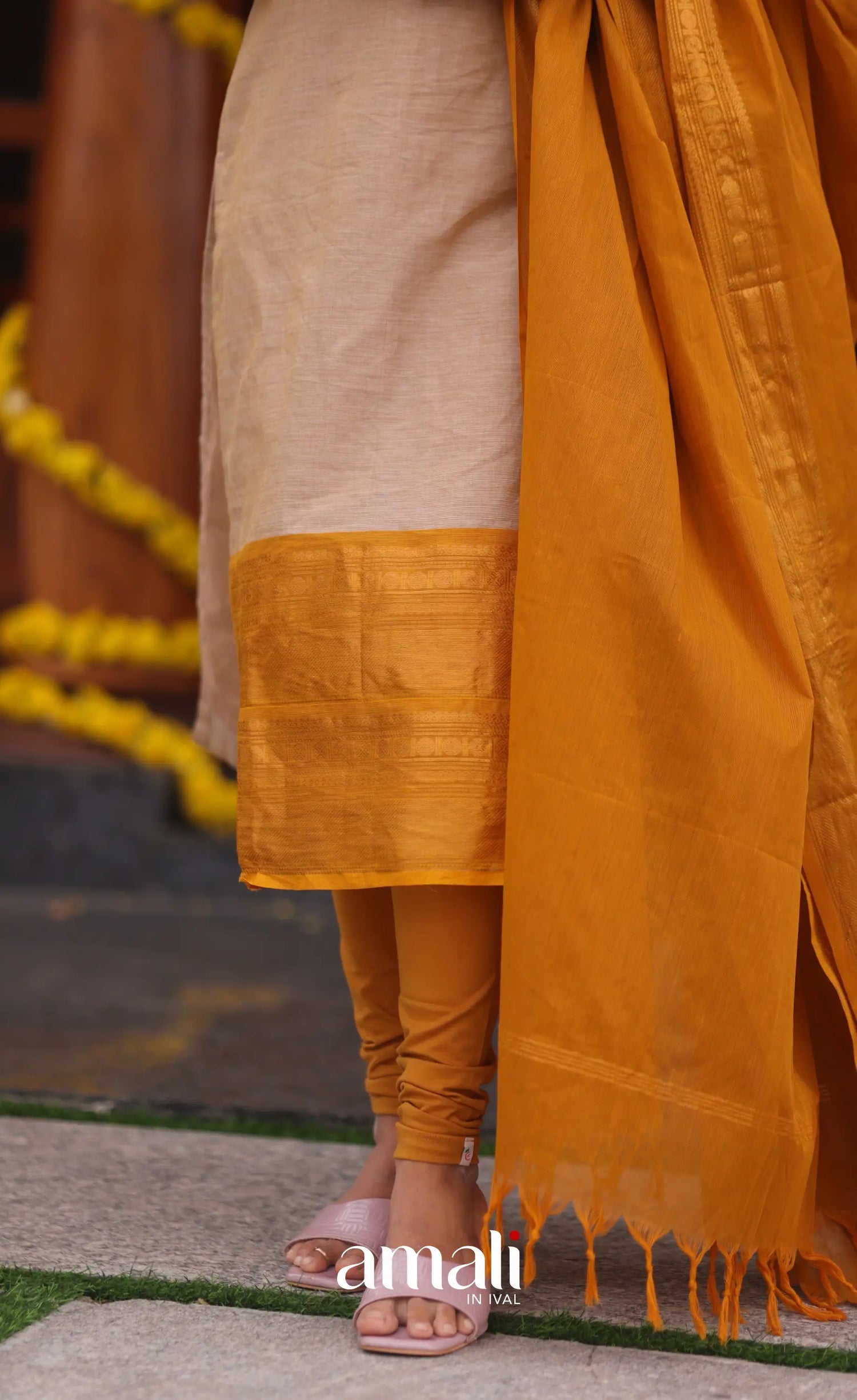 Beige and Mustard yellow Chettinad Cotton Salwar Set - salwar