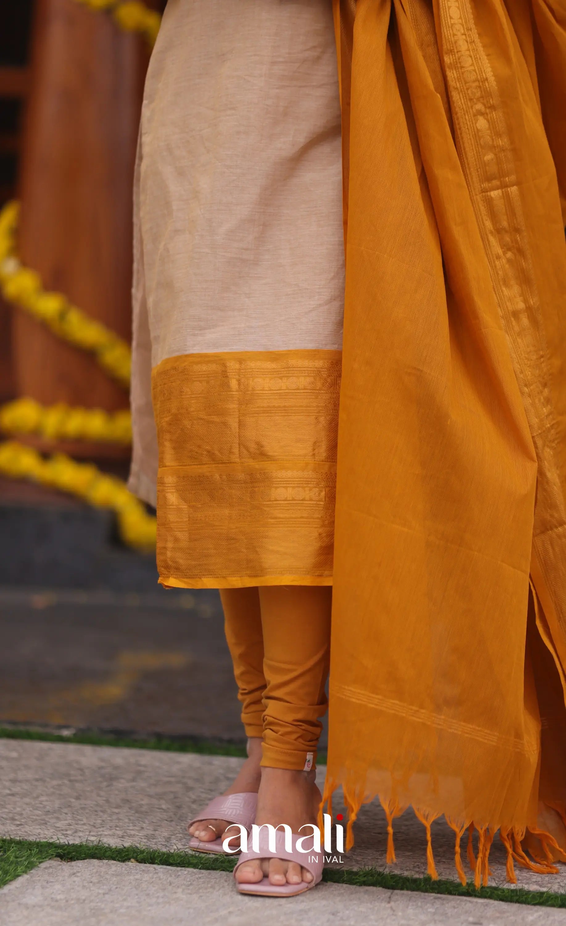 Beige and Mustard yellow Chettinad Cotton Salwar Set - salwar