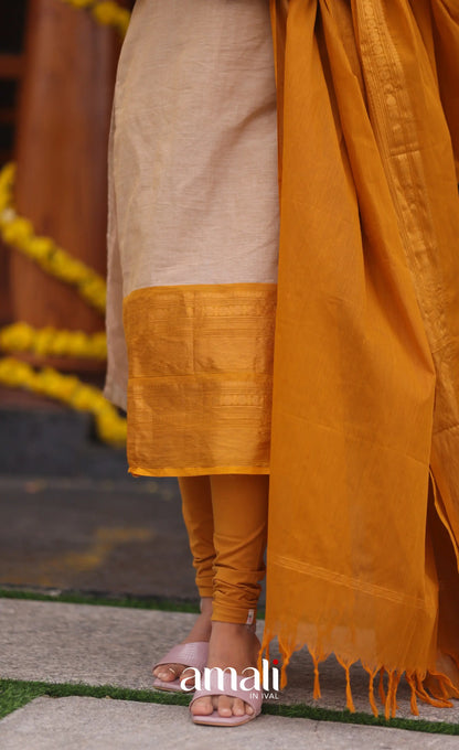 Beige and Mustard yellow Chettinad Cotton Salwar Set - salwar