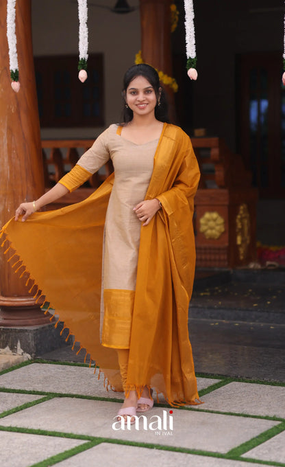 Beige and Mustard yellow Chettinad Cotton Salwar Set - salwar
