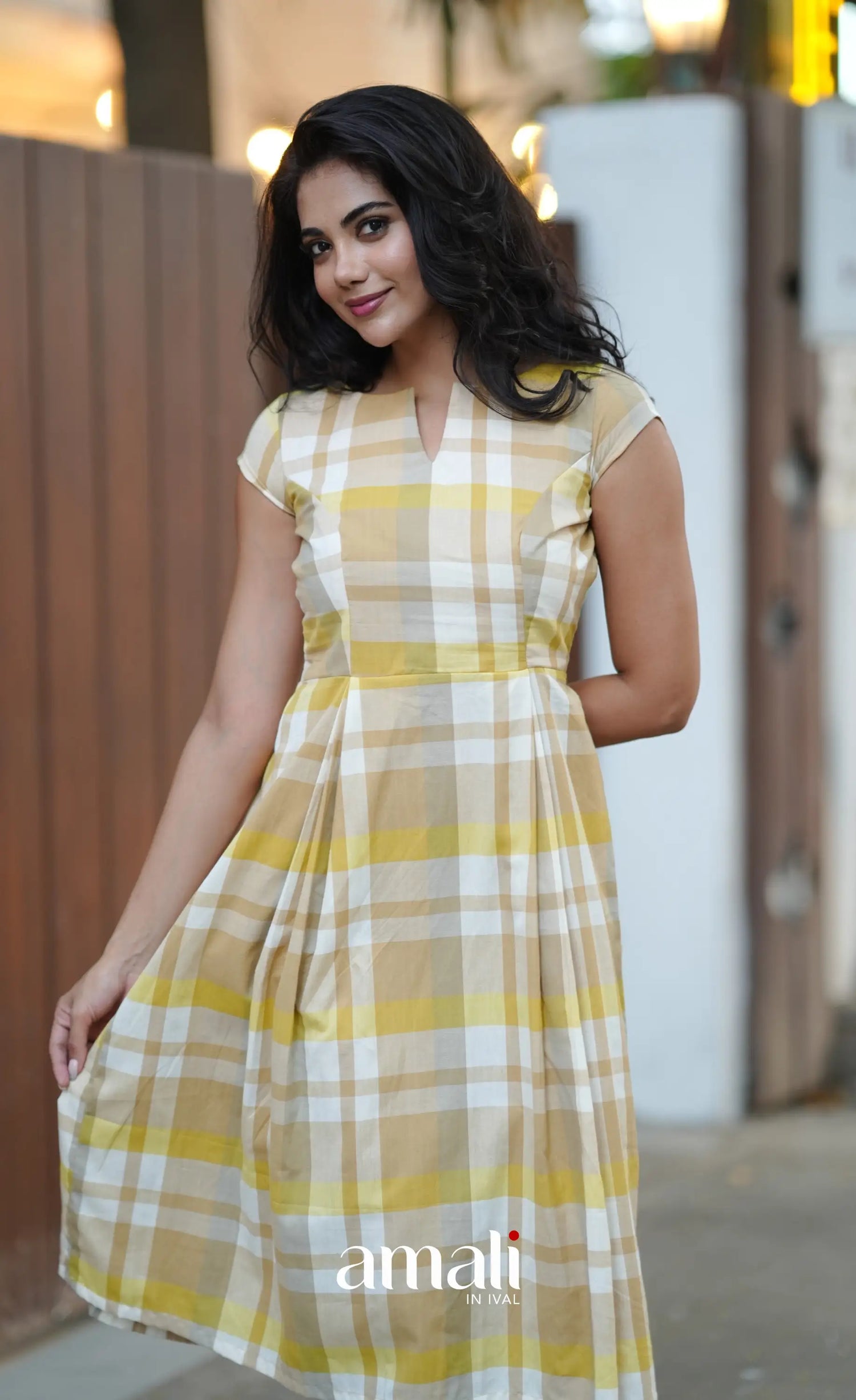 Beige &amp; Yellow Checks Indo Western Dress - salwar