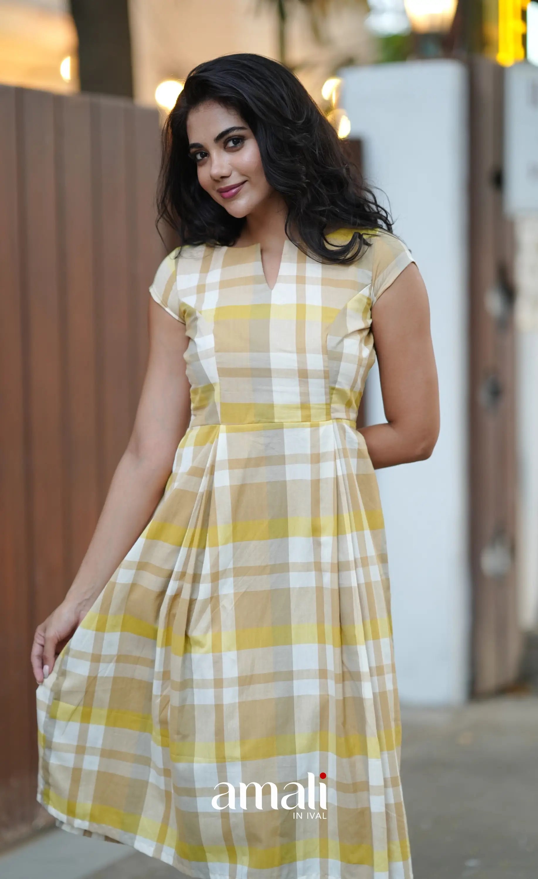 Beige &amp; Yellow Checks Indo Western Dress - salwar