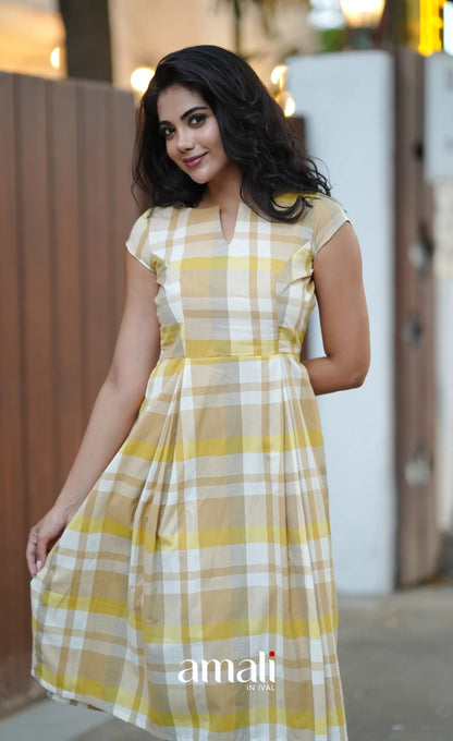 Beige &amp; Yellow Checks Indo Western Dress - salwar