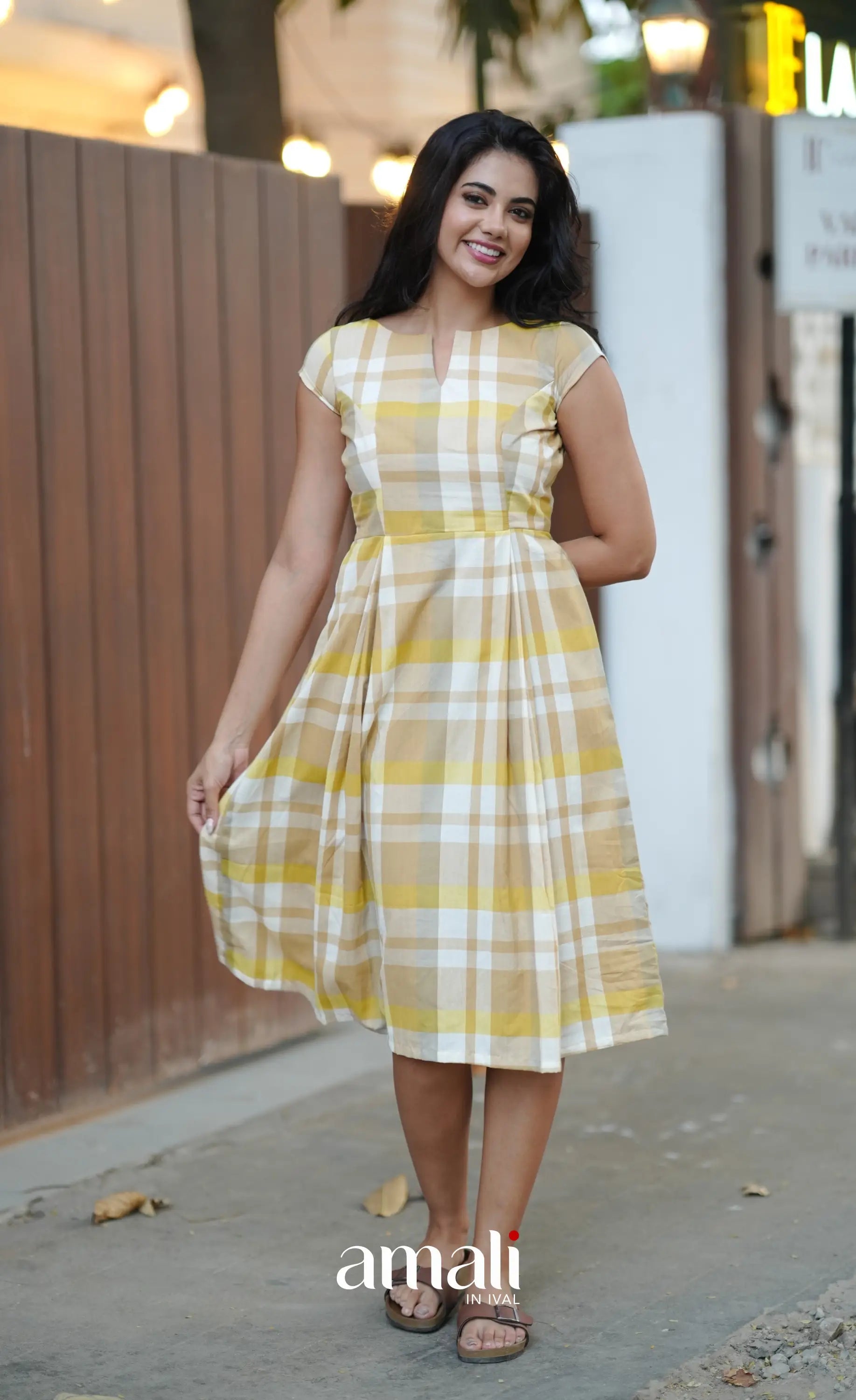 Beige &amp; Yellow Checks Indo Western Dress - salwar