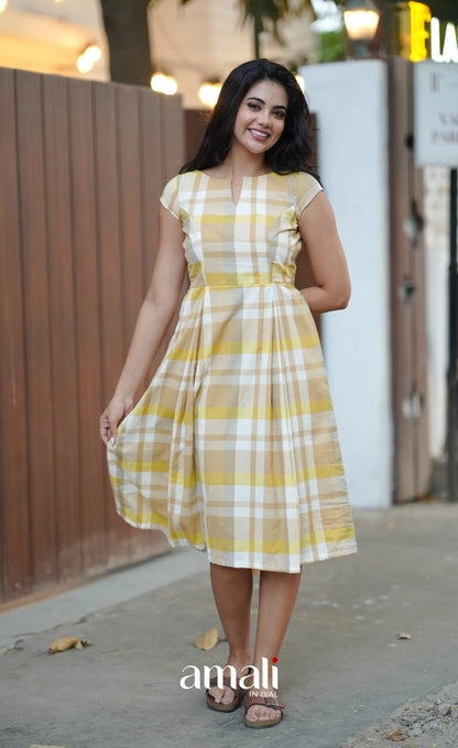 Beige &amp; Yellow Checks Indo Western Dress - salwar