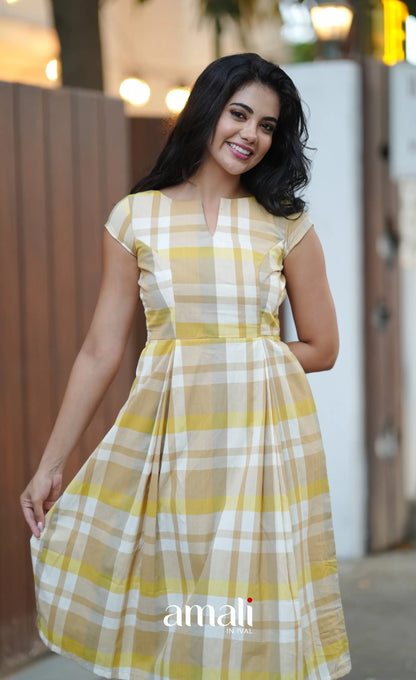 Beige &amp; Yellow Checks Indo Western Dress - salwar