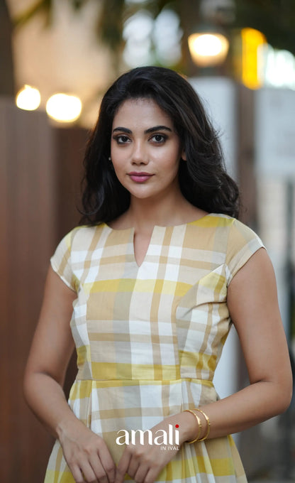 Beige &amp; Yellow Checks Indo Western Dress - salwar
