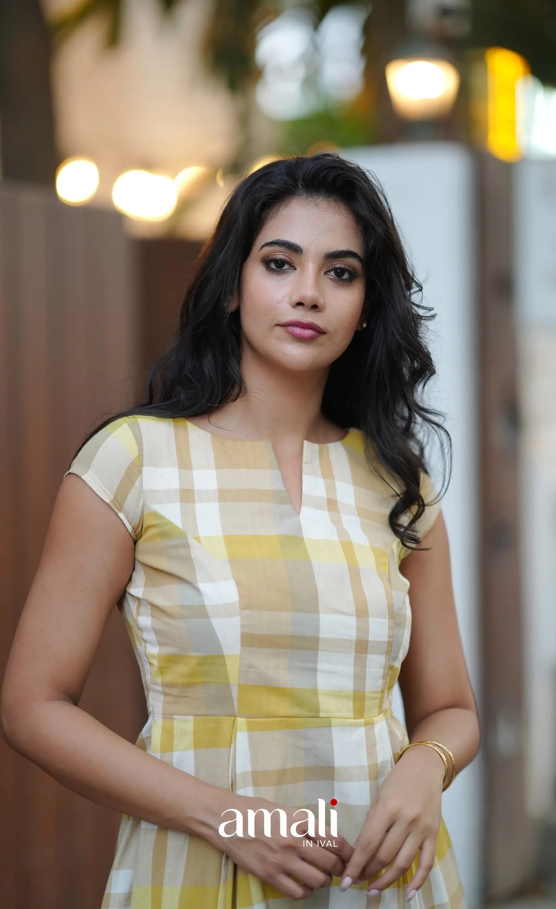 Beige &amp; Yellow Checks Indo Western Dress - salwar