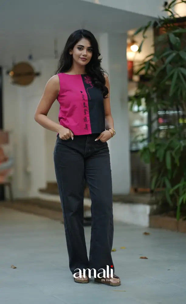 Black and Bright Pink Sleeveless Top salwar