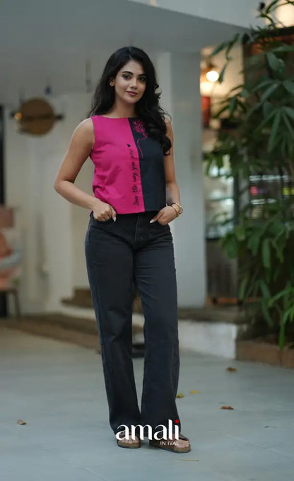 Black and Bright Pink Sleeveless Top salwar