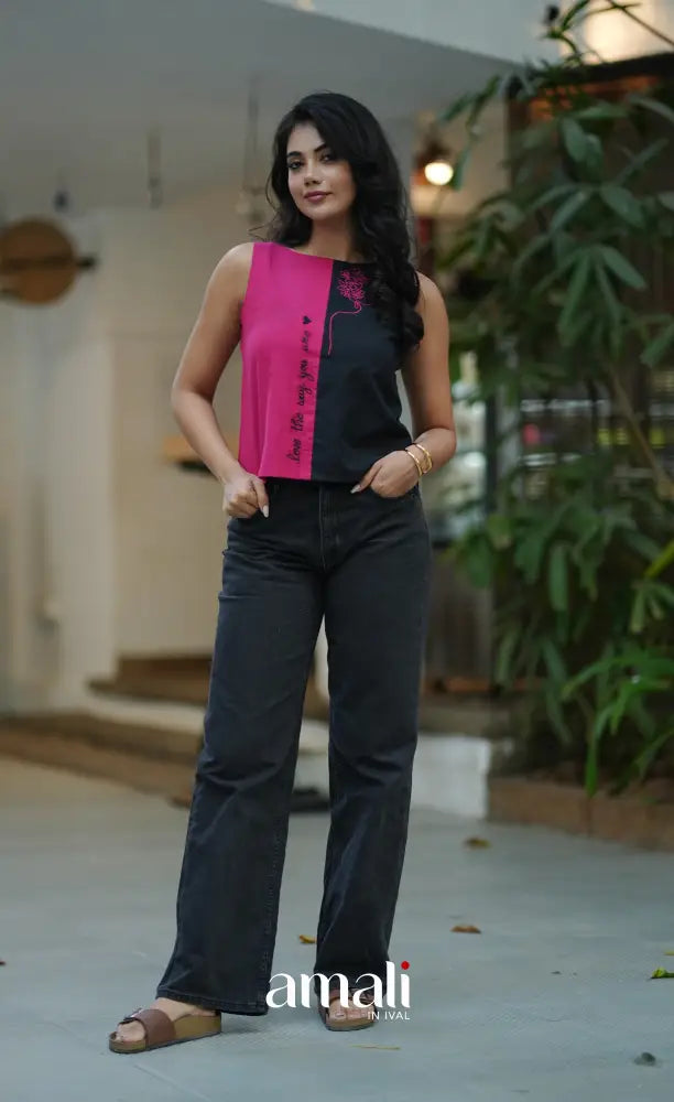 Black and Bright Pink Sleeveless Top salwar