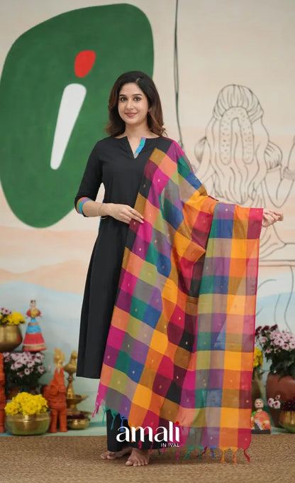 Black and Multi Coloured Checks A-Line Salwar Set salwar