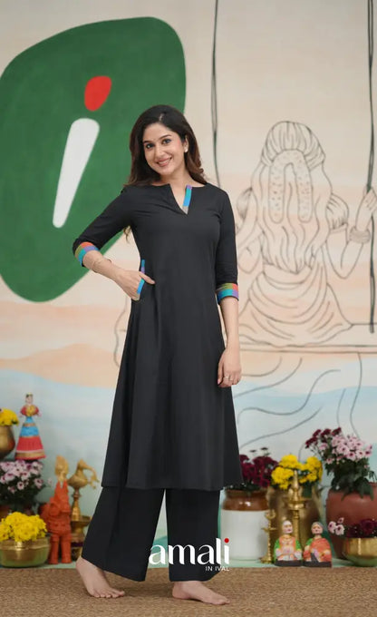 Black and Multi Coloured Checks A-Line Salwar Set salwar