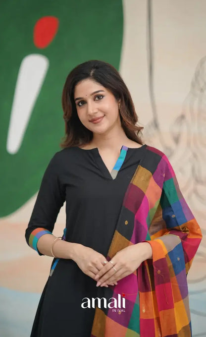 Black and Multi Coloured Checks A-Line Salwar Set salwar