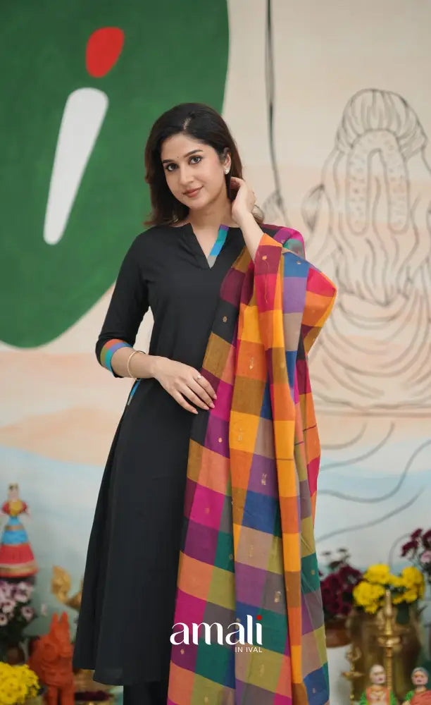Black and Multi Coloured Checks A-Line Salwar Set salwar