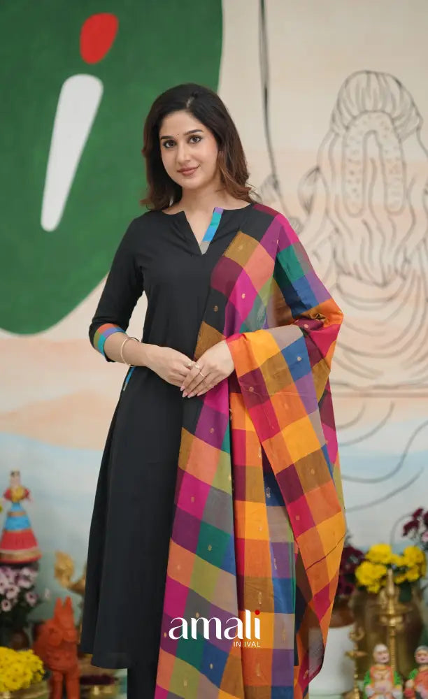 Black and Multi Coloured Checks A-Line Salwar Set salwar