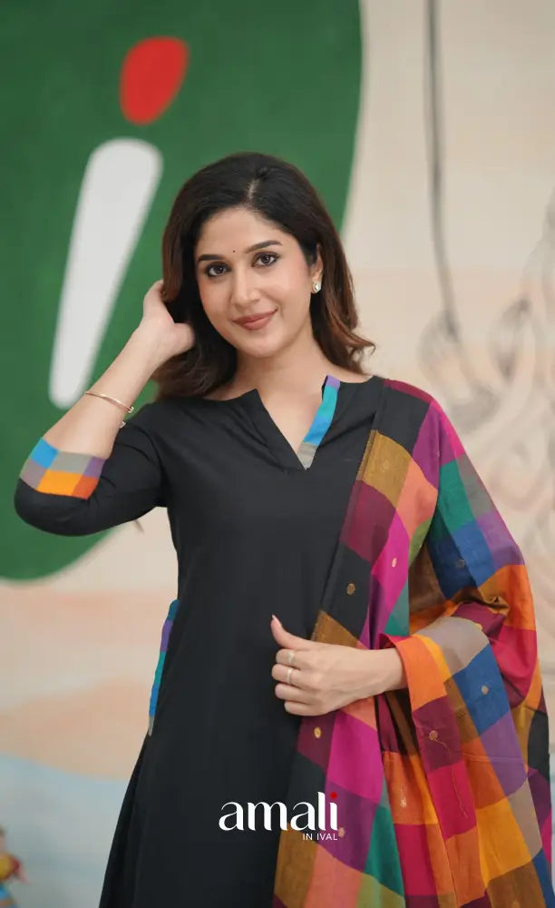 Black and Multi Coloured Checks A-Line Salwar Set salwar