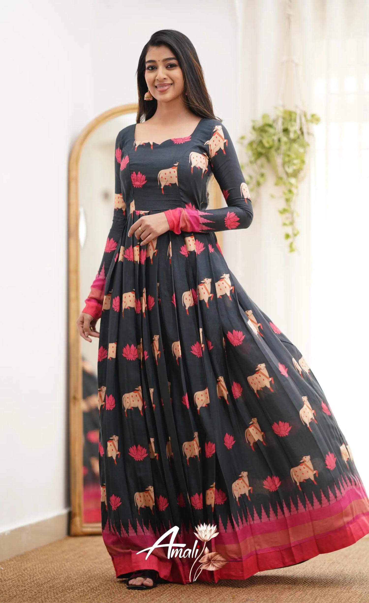 Black And Pink Shade Muslin Long Gown Gown