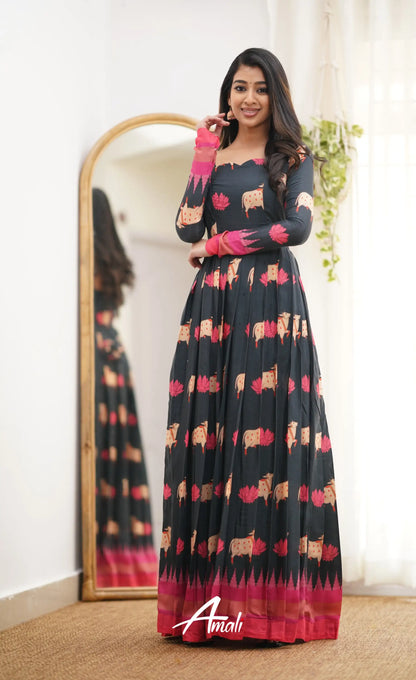 Black And Pink Shade Muslin Long Gown Gown