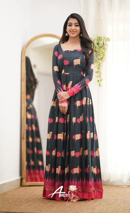 Black And Pink Shade Muslin Long Gown Gown