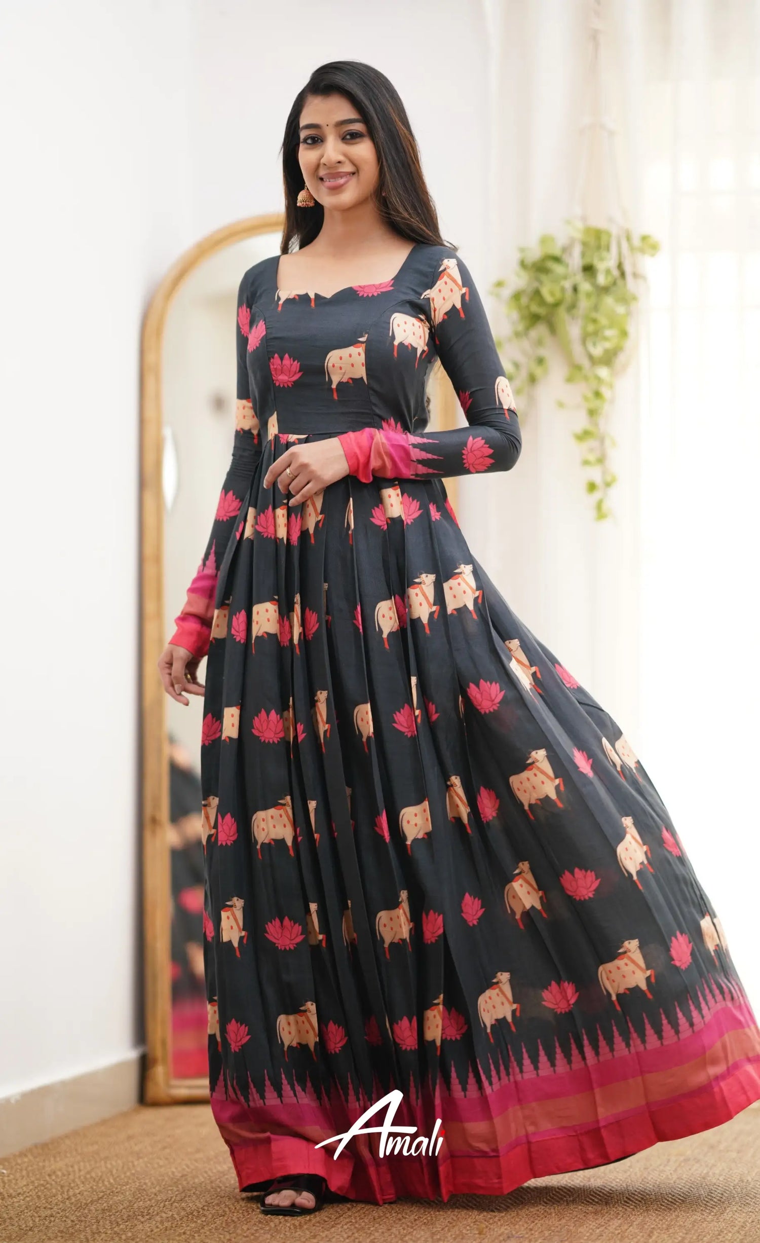 Black And Pink Shade Muslin Long Gown Gown