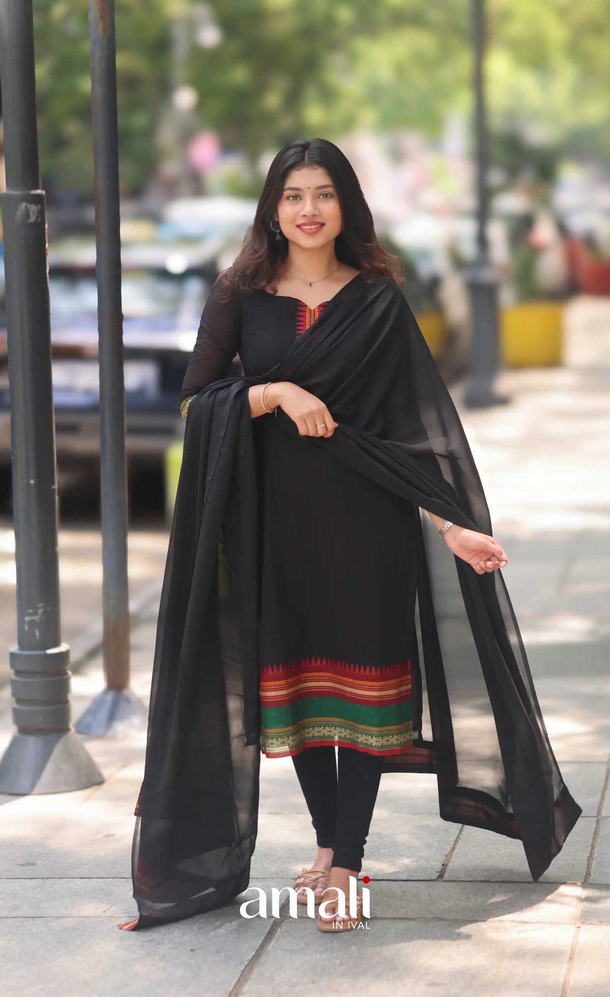 Black and Red Chettinad Cotton Salwar Set - salwar