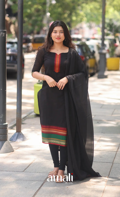 Black and Red Chettinad Cotton Salwar Set - salwar