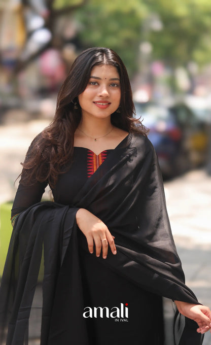 Black and Red Chettinad Cotton Salwar Set - salwar