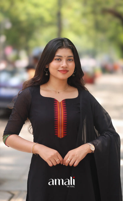 Black and Red Chettinad Cotton Salwar Set - salwar