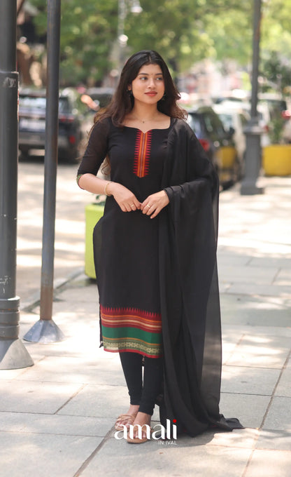 Black and Red Chettinad Cotton Salwar Set - salwar