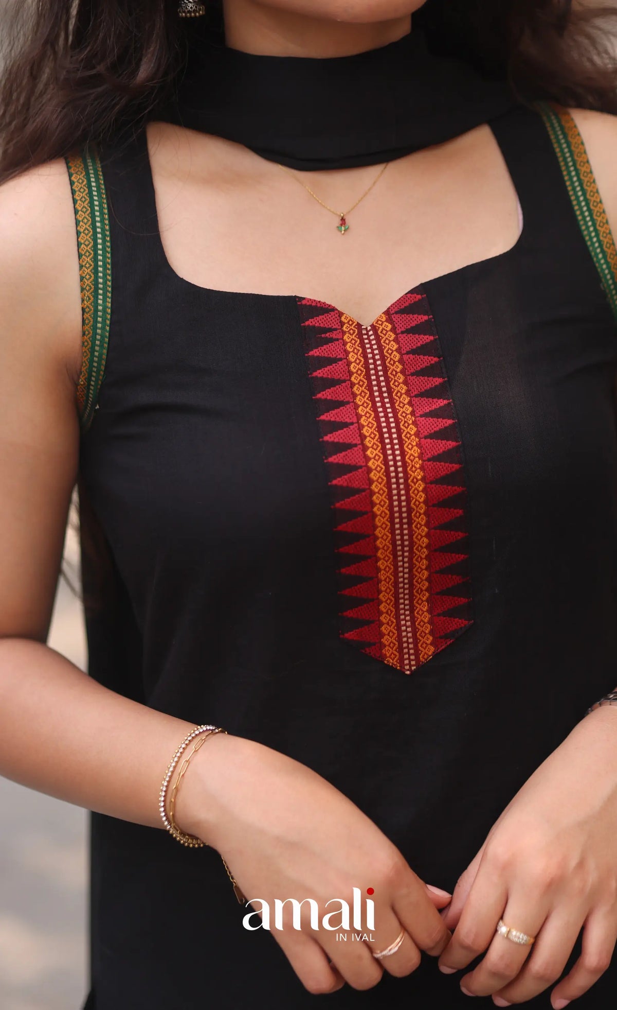 Black and Red Sleeveless Chettinad Cotton Salwar Set - salwar