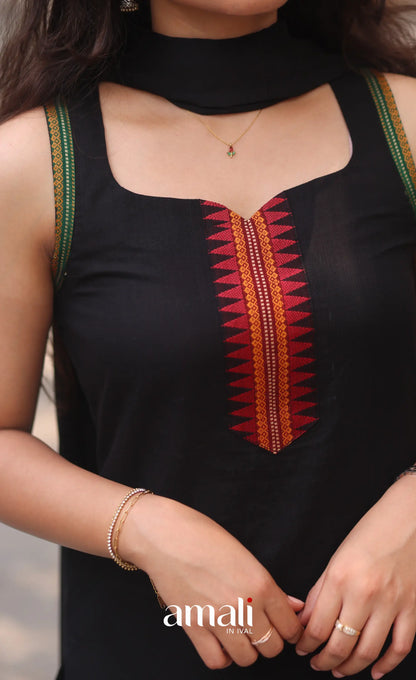 Black and Red Sleeveless Chettinad Cotton Salwar Set - salwar