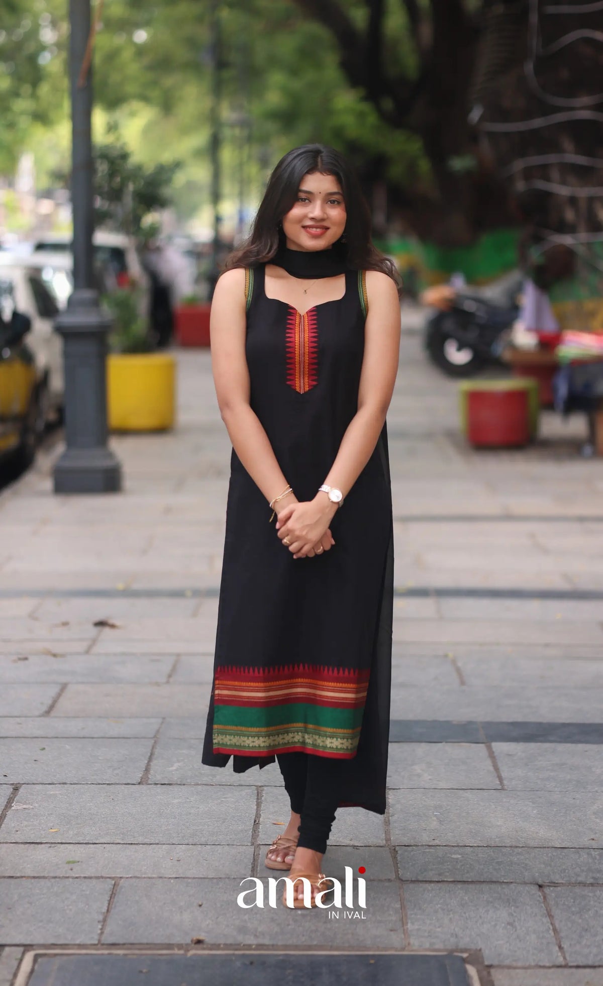 Black and Red Sleeveless Chettinad Cotton Salwar Set - salwar