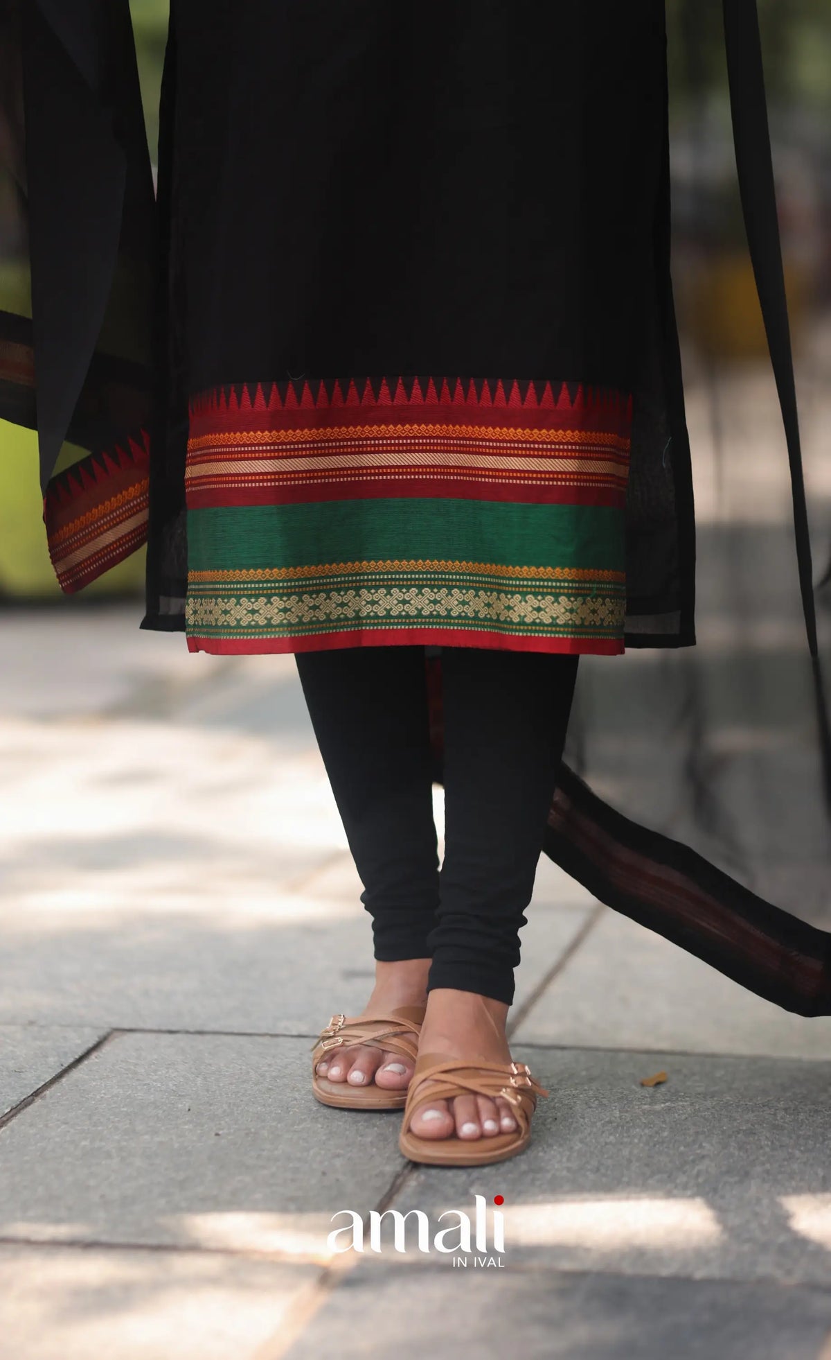 Black and Red Sleeveless Chettinad Cotton Salwar Set - salwar