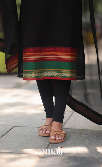 Black and Red Sleeveless Chettinad Cotton Salwar Set - salwar