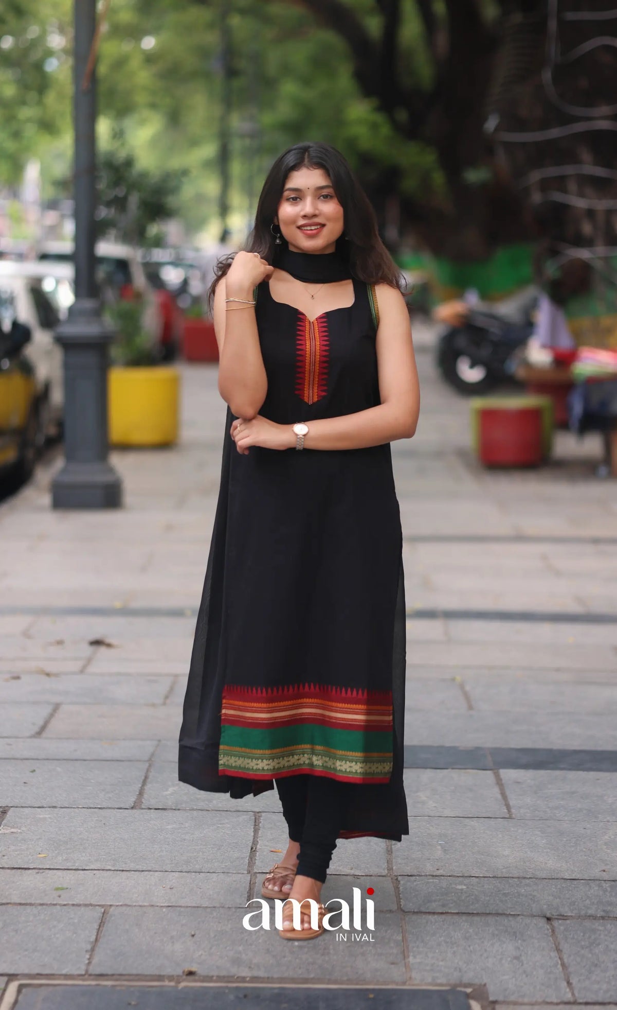Black and Red Sleeveless Chettinad Cotton Salwar Set - salwar