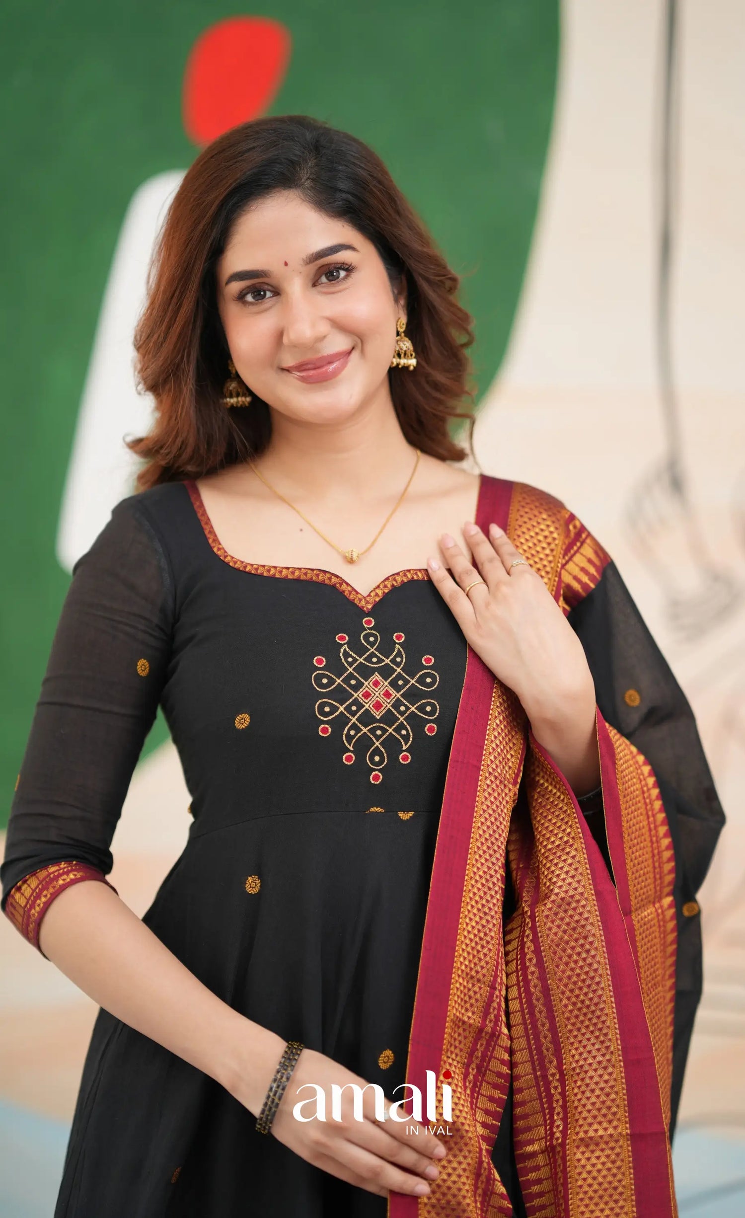 Black and Reddish maroon Narayanpet Cotton Anarkali - Anarkalis