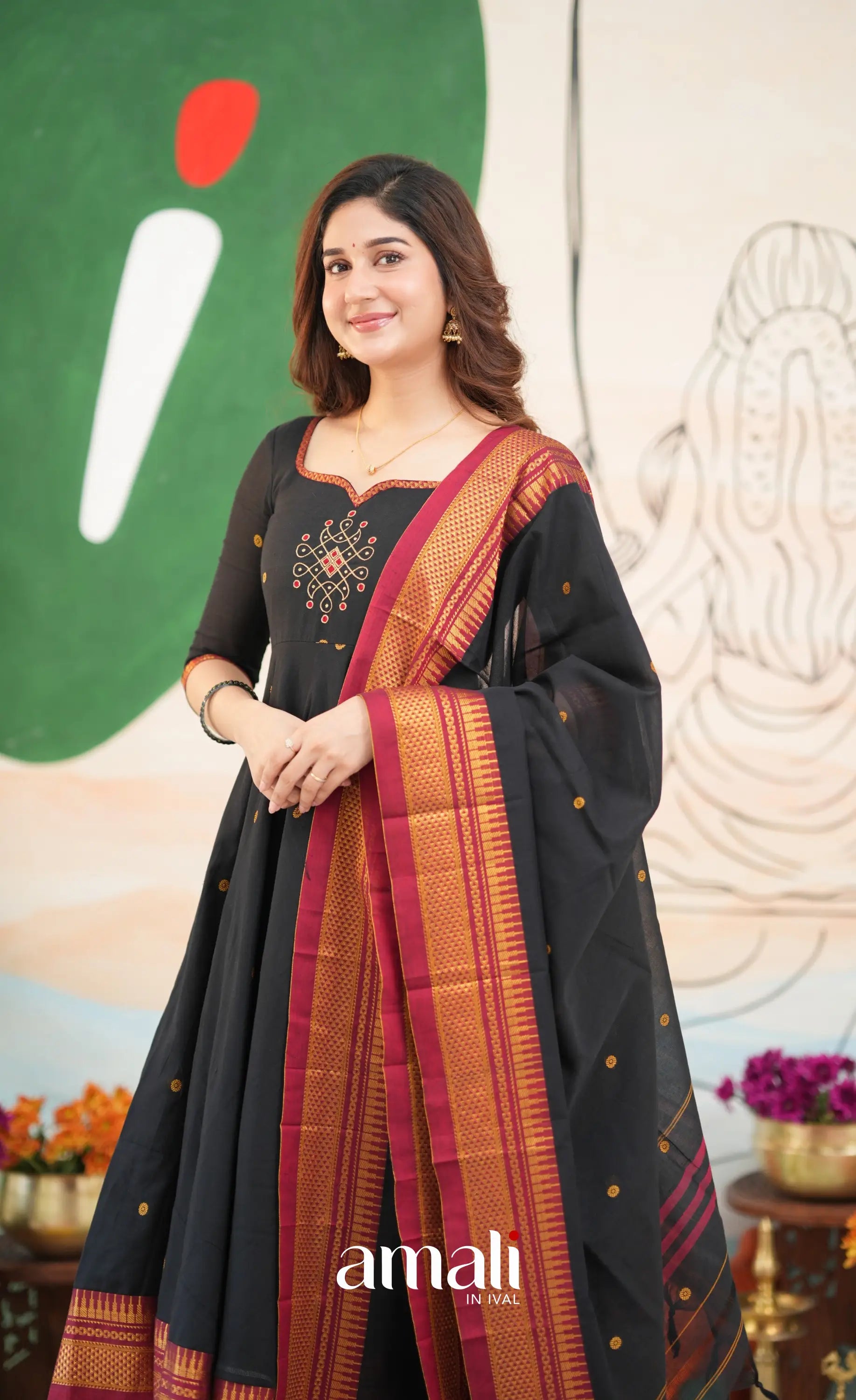 Black and Reddish maroon Narayanpet Cotton Anarkali - Anarkalis