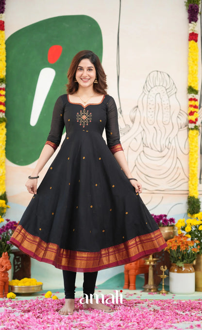 Black and Reddish maroon Narayanpet Cotton Anarkali - Anarkalis